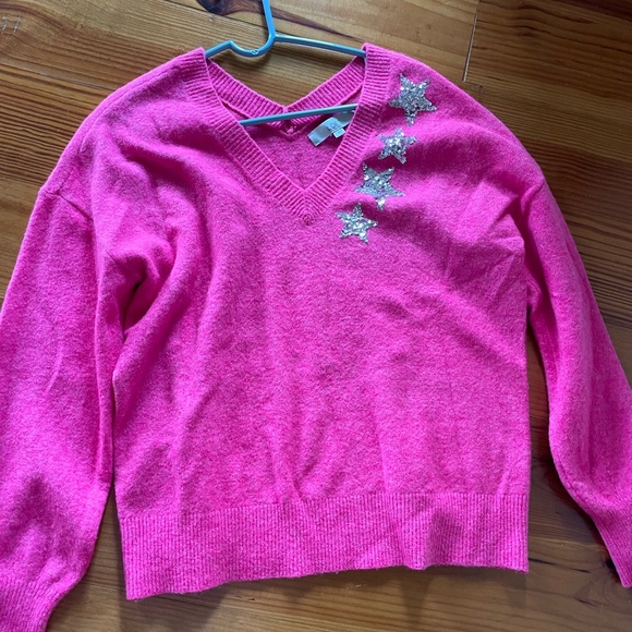 The Loft pink sweater with sequin stars- size L $20 - Picture 2 of 6